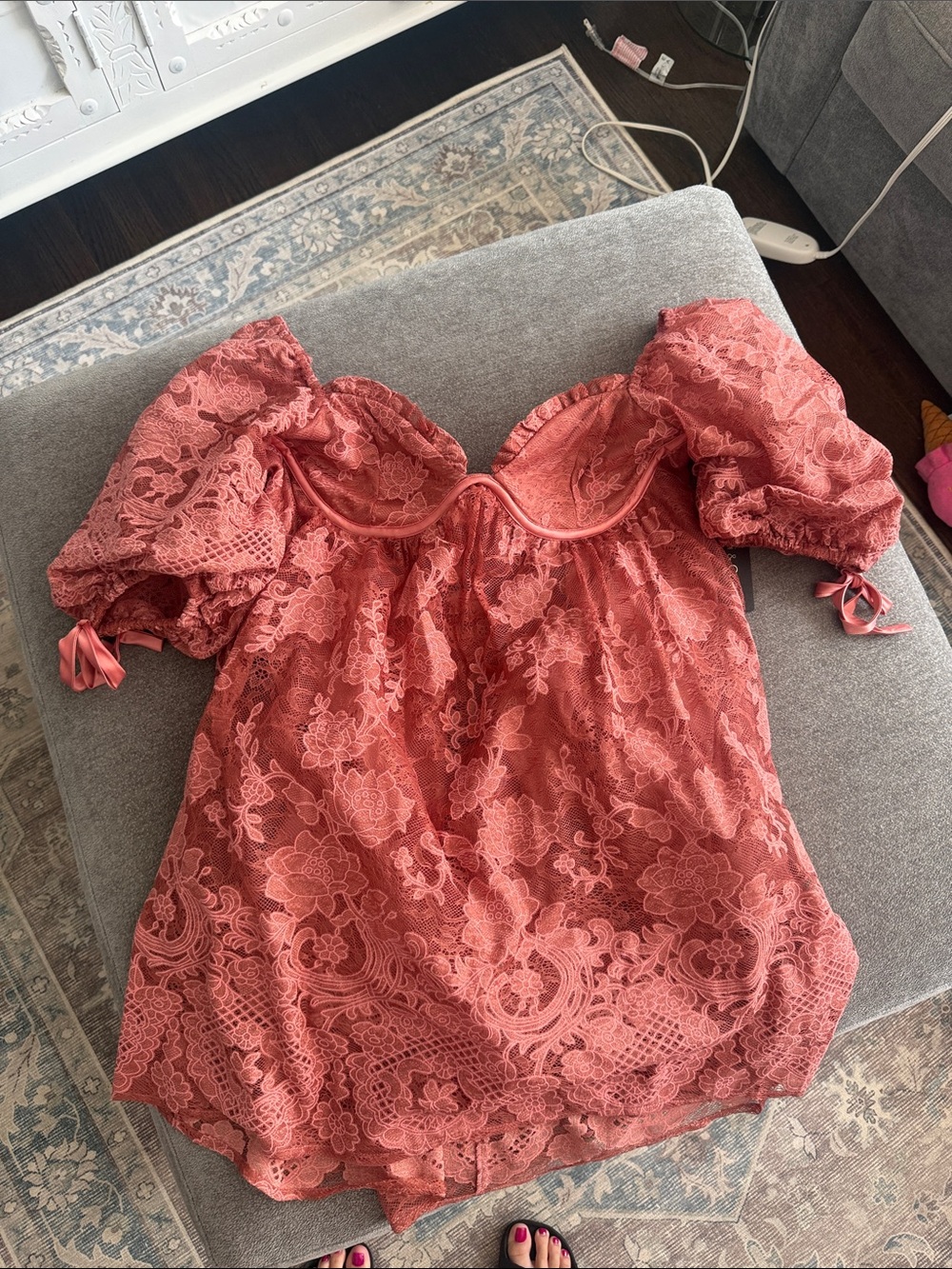 Macy's Coral Lace Puff-Sleeve Sweetheart Blouse